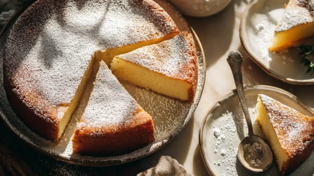 Servierte Stücke Vanillekuchen auf Teller mit Puderzucker bestäubt, gemütlicher Kaffeetisch