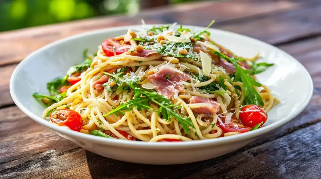 Spaghettisalat – schnell & einfach Frischer Spaghettisalat mit Rucola, Tomaten und Schinken