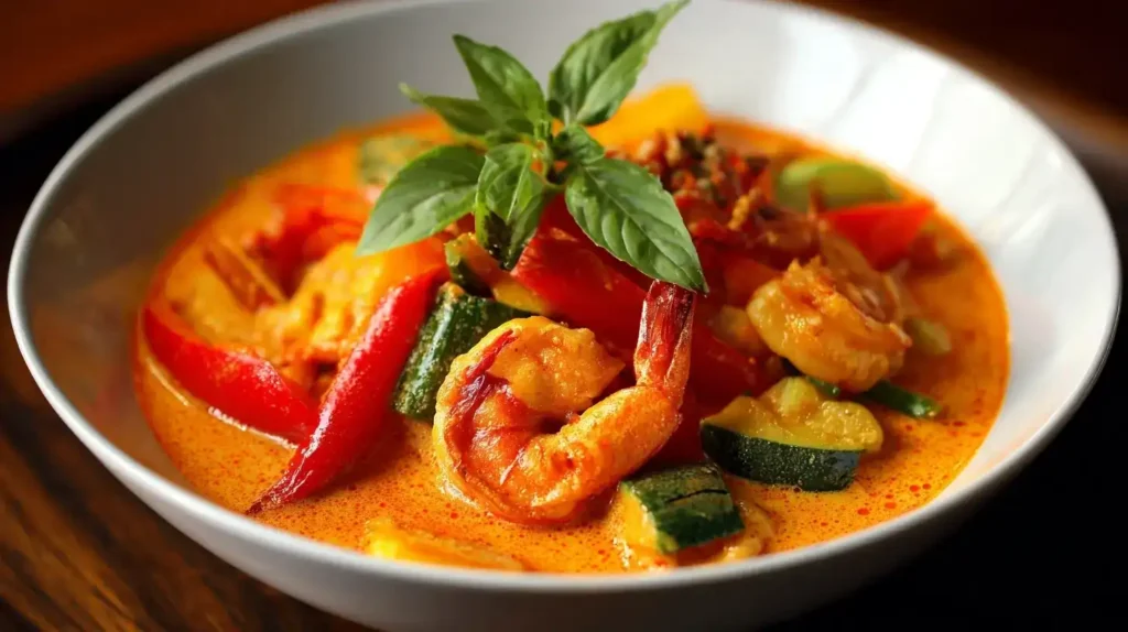 Rotes Thai-Curry mit Garnelen Leckeres Rotes Thai-Curry mit Garnelen, Gemüse und Thai-Basilikum
