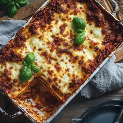Zucchini-Lasagne mit Hackfleisch frisch gebacken in Auflaufform, goldbraun überbacken, servierfertig auf Holztisch