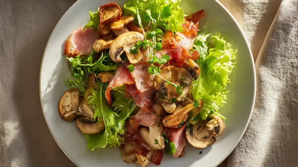 Feldsalat mit Speck und Champignons Feldsalat mit Speck und Champignons frisch angerichtet auf Teller