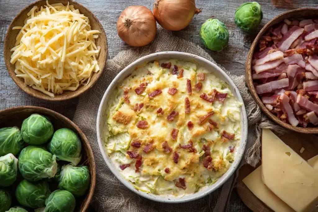 Rosenkohl-Gratin in der Mitte, umgeben von frischem Rosenkohl, Emmentaler und Speckscheiben auf rustikalem Holztisch.