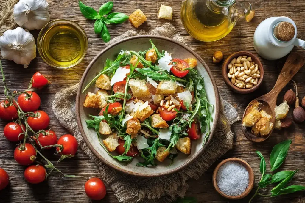 Mediterraner Brotsalat in der Mitte, umgeben von frischen Zutaten wie Ciabatta, Kirschtomaten, Rucola, Parmesan, Pinienkernen und Basilikum