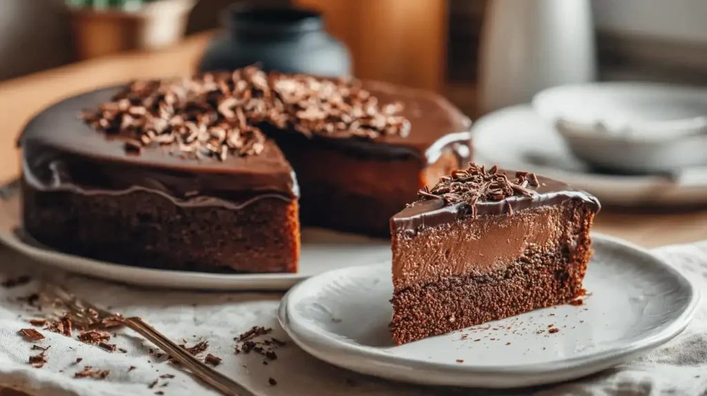 Ein Stück Nutellakuchen auf Teller, cremige Glasur und Schokoraspeln dekoriert