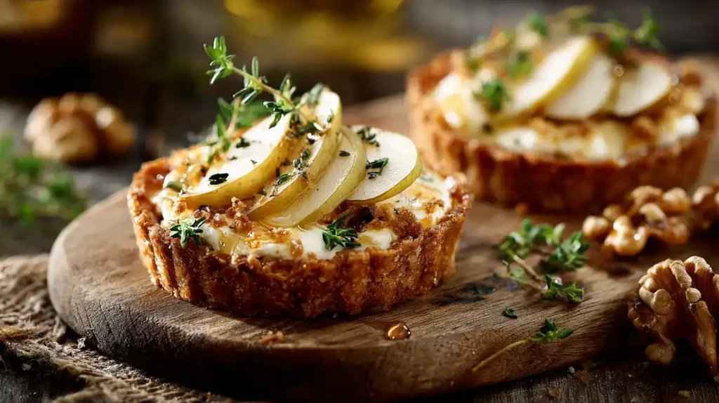 Ziegenkäse-Tartlet mit Feigensenf, Birne, Walnuss und Honig auf rustikalem Teller