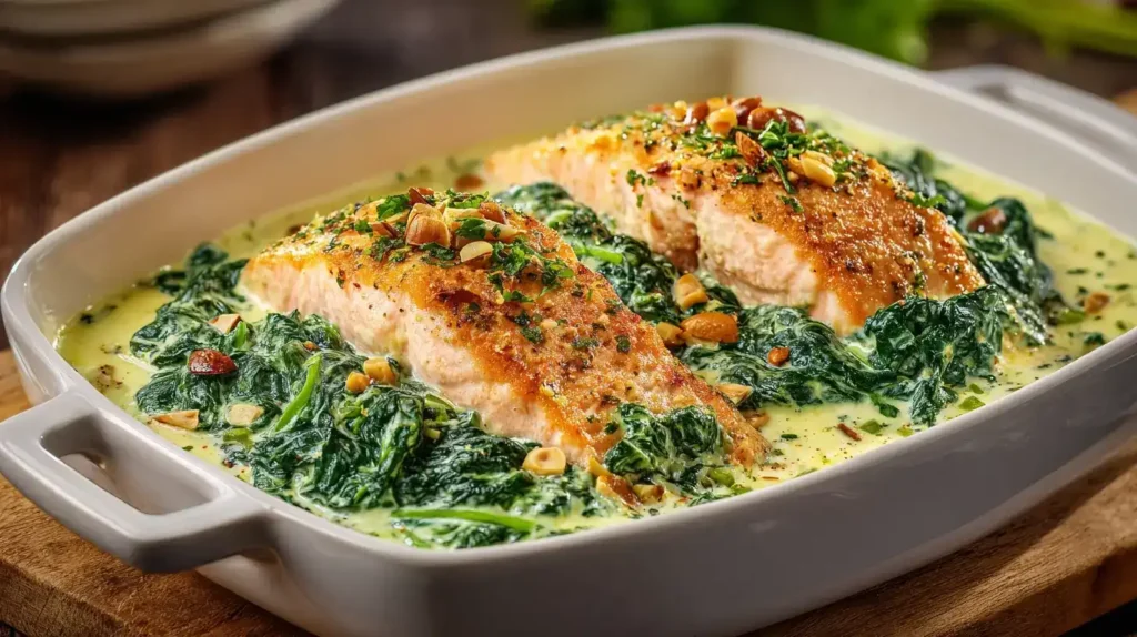 Servierter einfacher Ofen-Lachs auf Spinat mit cremiger Sahnesoße in Auflaufform