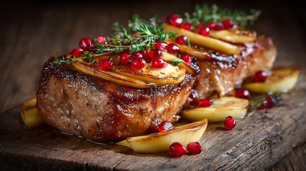 Schweinekotelett mit Apfel aus dem Backofen Ofenfrisches Schweinekotelett mit Apfelscheiben, Butter und Thymian serviert