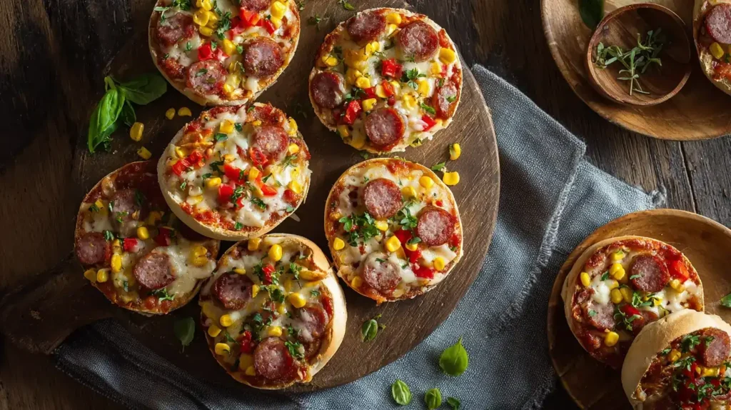 Frisch gebackene Pizzabrötchen mit Schinken, Salami und Käse
