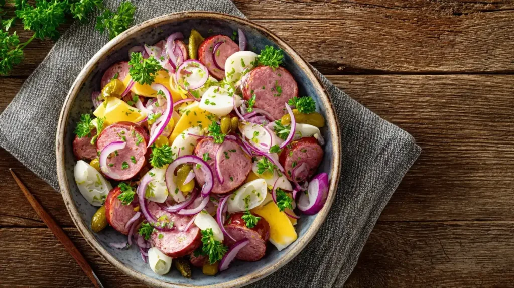 Schweizer Wurstsalat mit Käse und Gürkchen Bunter Schweizer Wurstsalat mit Käse, Zwiebeln und Cornichons, angerichtet auf einem Teller