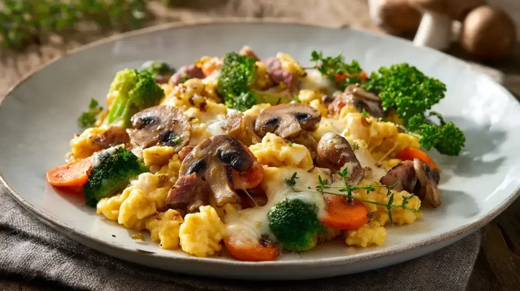 Spätzlepfanne mit Gemüse, Brokkoli, Möhren und Champignons, serviert auf weißem Teller