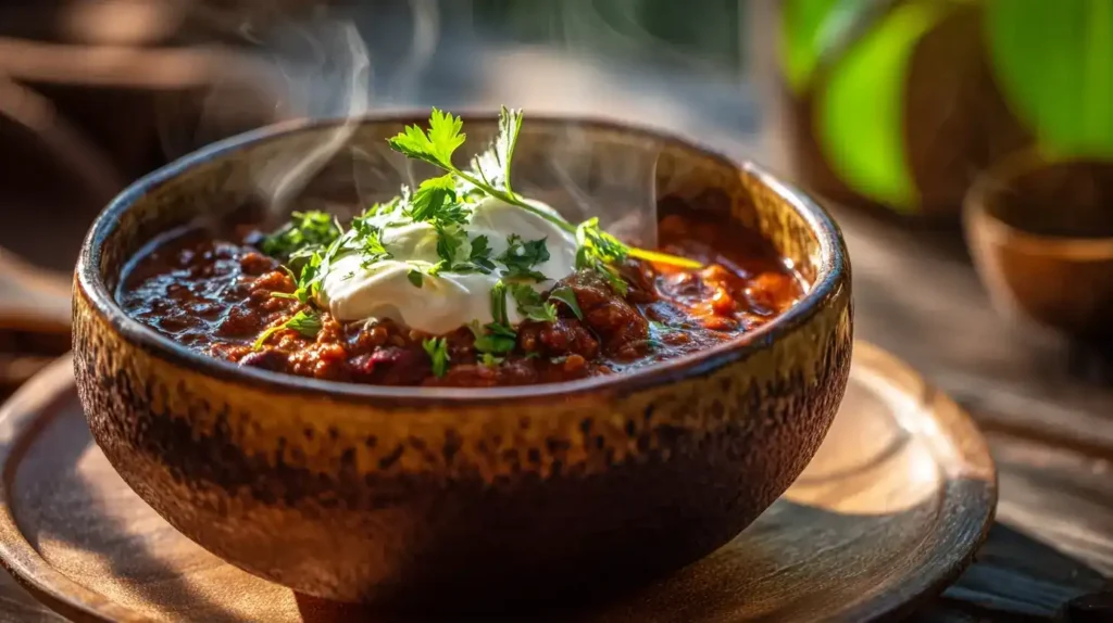 Chili con Carne – das schnelle Familienrezept voller Geschmack Chili con Carne in einer Schüssel, serviert mit Créme Fraîche und frischer Petersilie