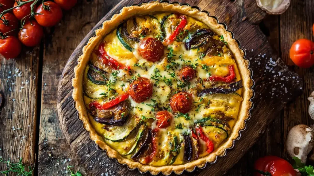 Gemüsequiche vegetarisch & bunt Bunte Gemüsequiche vegetarisch & bunt frisch aus dem Ofen, geschnitten serviert