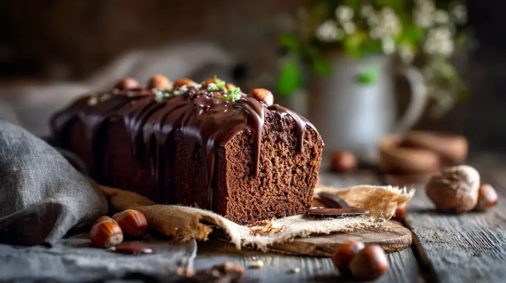 Schoko-Nuss-Becherkuchen in der Mitte mit Zutaten wie Nüsse, Kakao und Eier drumherum