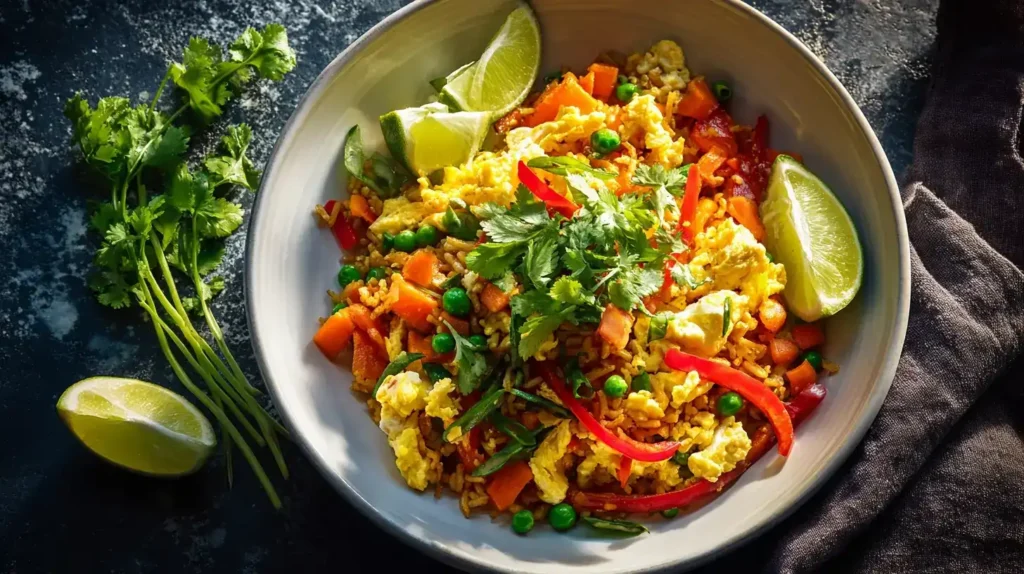 Vegetarisches Nasi Goreng mit 3 Hauptzutaten um das Gericht herum