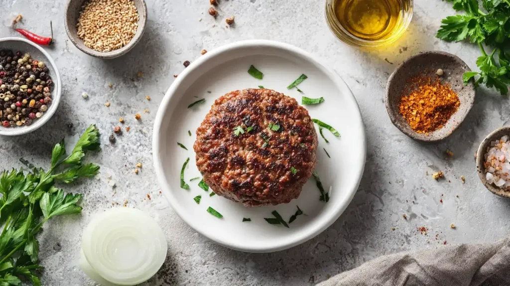Zubereitung von Köfte mit Hackfleisch, Gewürzen und Zwiebeln in einer Schüssel