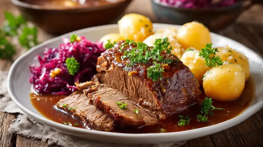 Klassischer Rinderbraten aus dem Backofen Klassischer Rinderbraten im Ofen serviert mit Soße und Petersilie