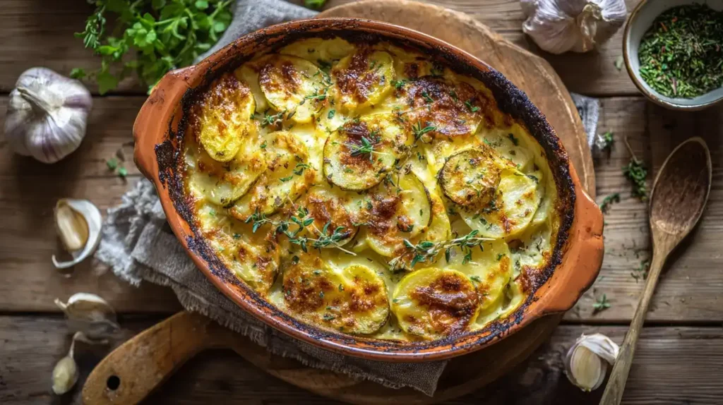 Cremiger Kartoffel-Zucchini-Auflauf mit geschmolzenem Käse