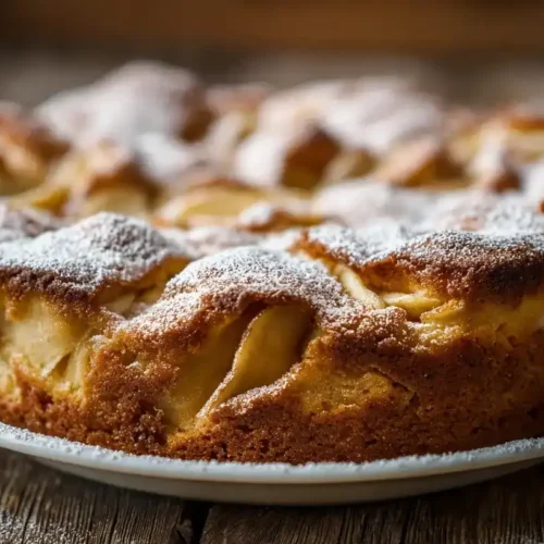 Versunkener Apfelkuchen nach Omas Rezept, frisch gebacken, mit Puderzucker bestäubt