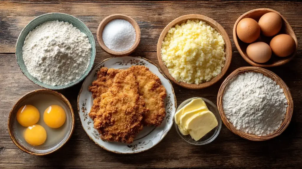 Wiener Schnitzel in der Mitte, umgeben von Ei, Mehl und Paniermehl