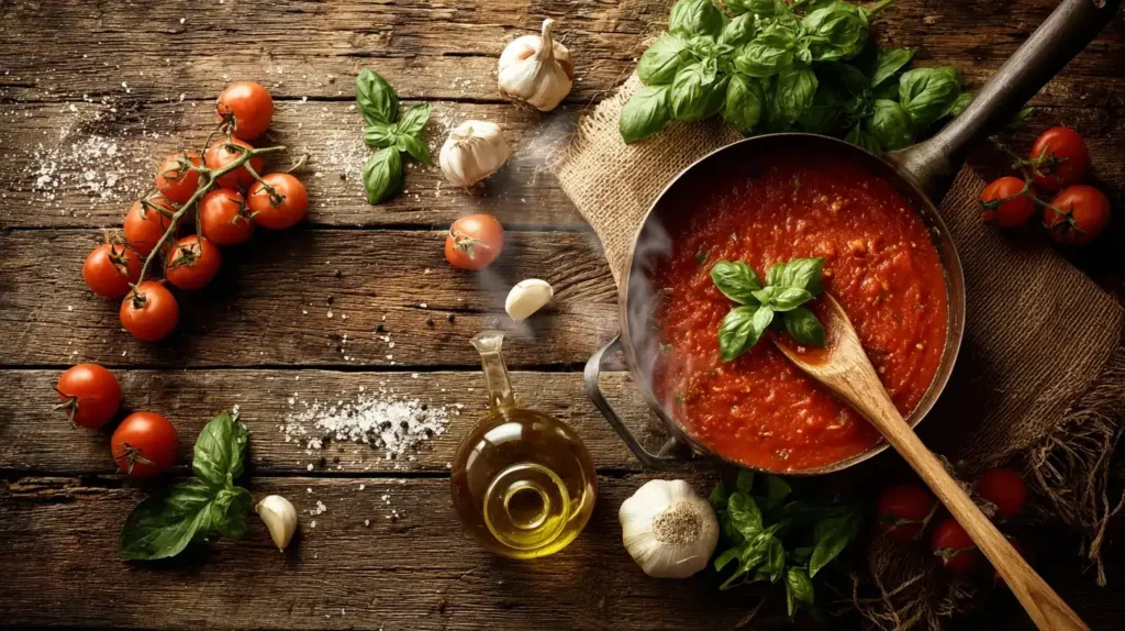 Italienische Küche: Frische Tomaten, Knoblauch, Olivenöl und Tomatensoße angerichtet