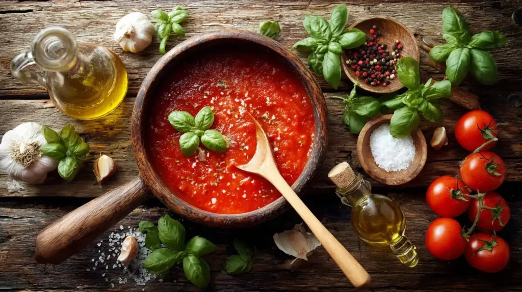 Tomatensoße – Einfaches Grundrezept für die ganze Familie Hausgemachte Tomatensoße in Topf mit frischem Basilikum und Spaghetti
