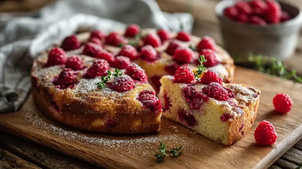 Himbeerkuchen mit Joghurt – saftig, einfach und unwiderstehlich Saftiger Himbeerkuchen mit Joghurt frisch gebacken auf einem Holzbrett