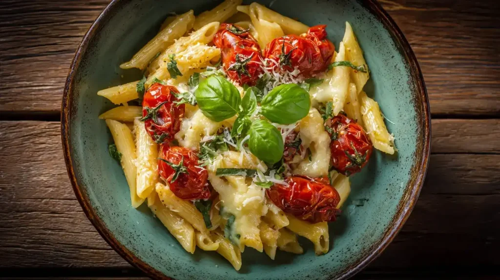 Pasta mit gegrillten Kirschtomaten und Käse – Sommer auf dem Teller Pasta mit gegrillten Kirschtomaten und Käse auf Teller mit frischem Basilikum