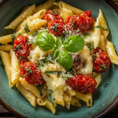 Pasta mit gegrillten Kirschtomaten und Käse auf Teller mit frischem Basilikum