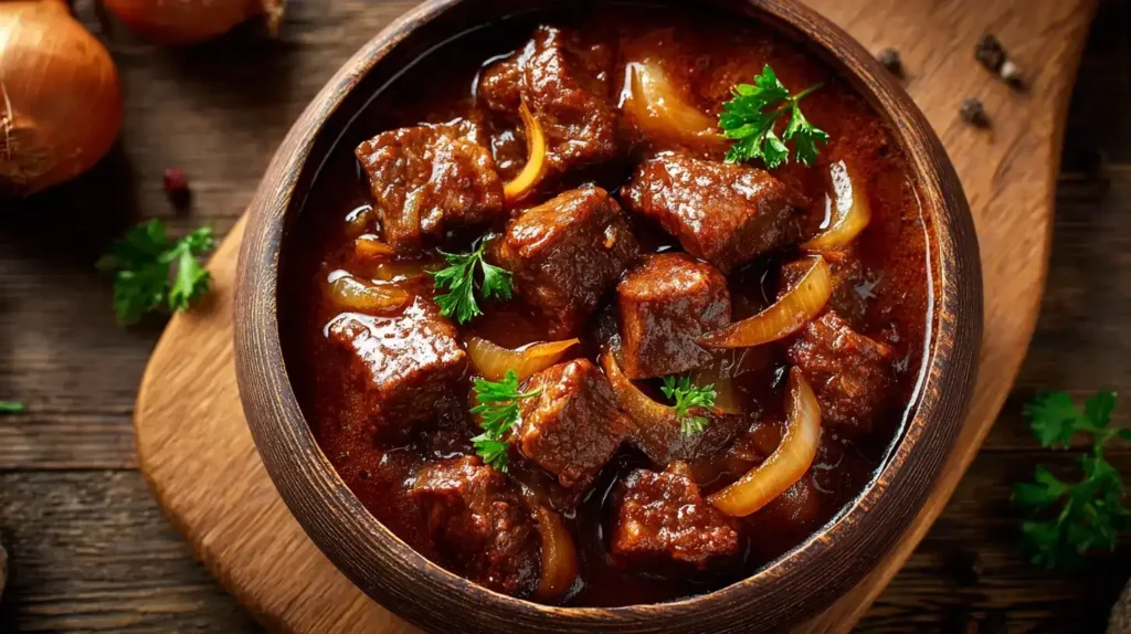 Klassisches Rindergulasch ganz einfach Classic Beef Goulash in rustic bowl with rich sauce and tender beef