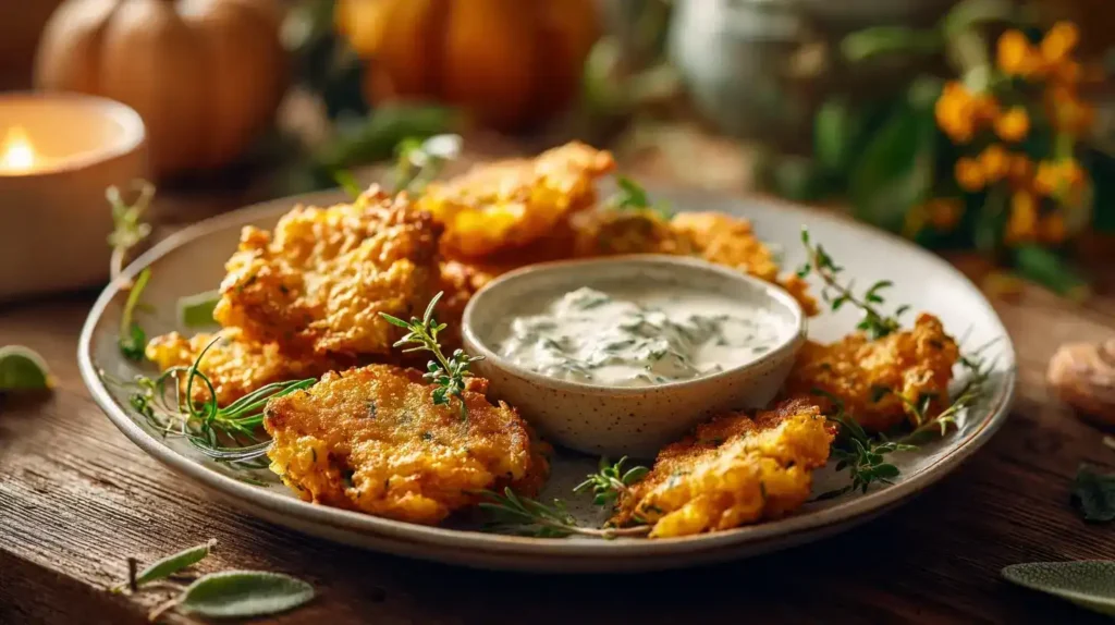 Kürbis Kartoffel Puffer mit Schnittlauch-Dip Kürbis-Kartoffel-Puffer mit cremigem Schnittlauch-Dip auf rustikalem Teller serviert, golden knusprig und frisch gebraten.