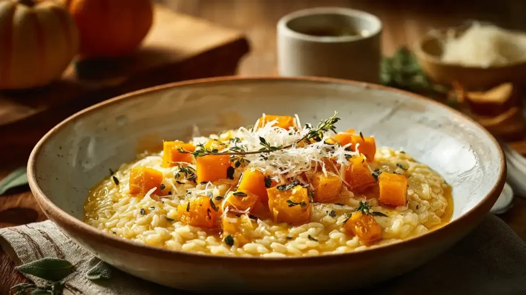 Cremiges Kürbisrisotto mit Hokkaido-Kürbis und Parmesan in einer weißen Schüssel serviert