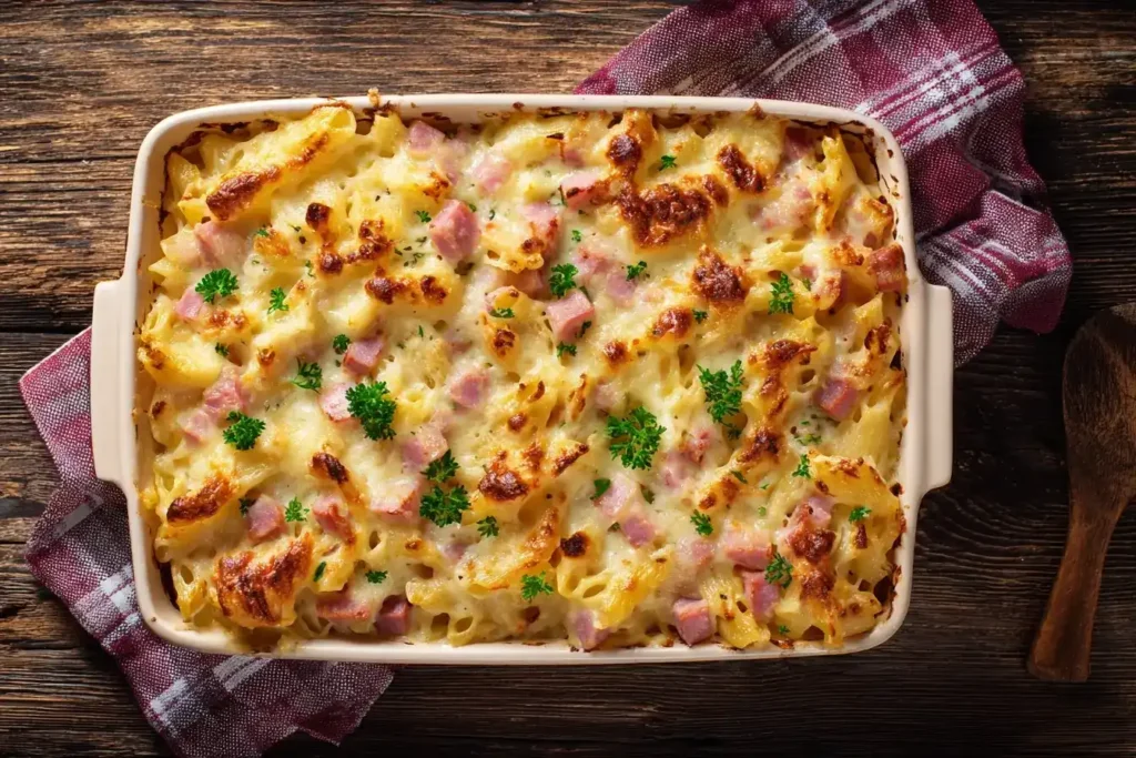 Servierte Portion Nudelauflauf mit Schinken und Käse auf Teller mit frischem Salat