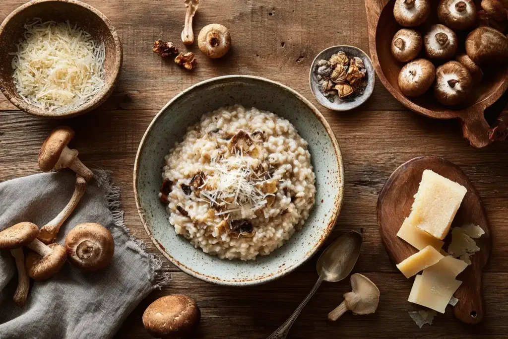 Zutaten für Pilzrisotto – frische Champignons, getrocknete Steinpilze und Parmesan