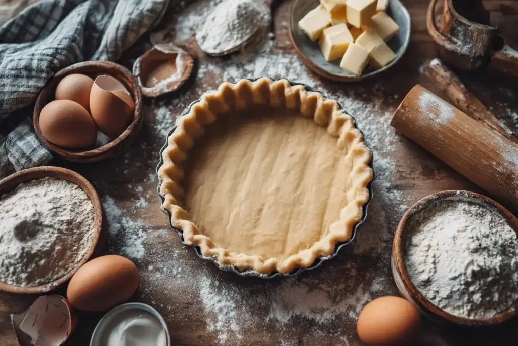 Zutaten für Quiche-Teig Grundrezept: Mehl, Butterwürfel, Ei und Salz auf einer Holzarbeitsfläche