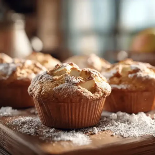 Saftige Apfelmuffins frisch gebacken auf einem Holztisch mit Apfelstücken