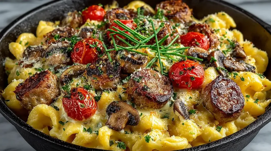 Servierte Bratwurst-Spätzlepfanne mit Gemüse und cremiger Soße auf Teller