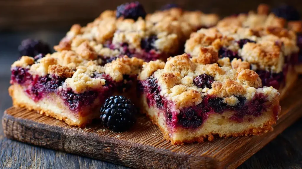 Nahaufnahme eines einzelnen Stücks Brombeer-Streuselschnitten mit saftigen Brombeeren