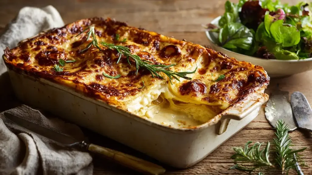 French-Onion-Lasagne French-Onion-Lasagne frisch aus dem Ofen mit goldbrauner Käseschicht