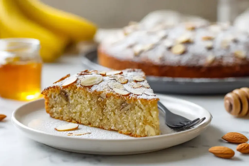 Gebackene Mandelcroissant-Haferflocken Goldbraun gebackene Mandelcroissant-Haferflocken im Auflauf mit Banane und Mandelmus