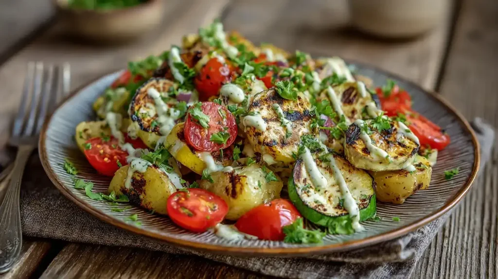 Gegrillter Kartoffelsalat mit Zucchini Gegrillter Kartoffelsalat mit Zucchini, Tomaten und Petersilie auf einem Teller serviert