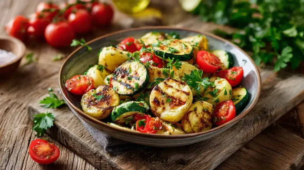 Nahaufnahme von gegrilltem Kartoffelsalat mit Zucchini und Limetten-Dressing