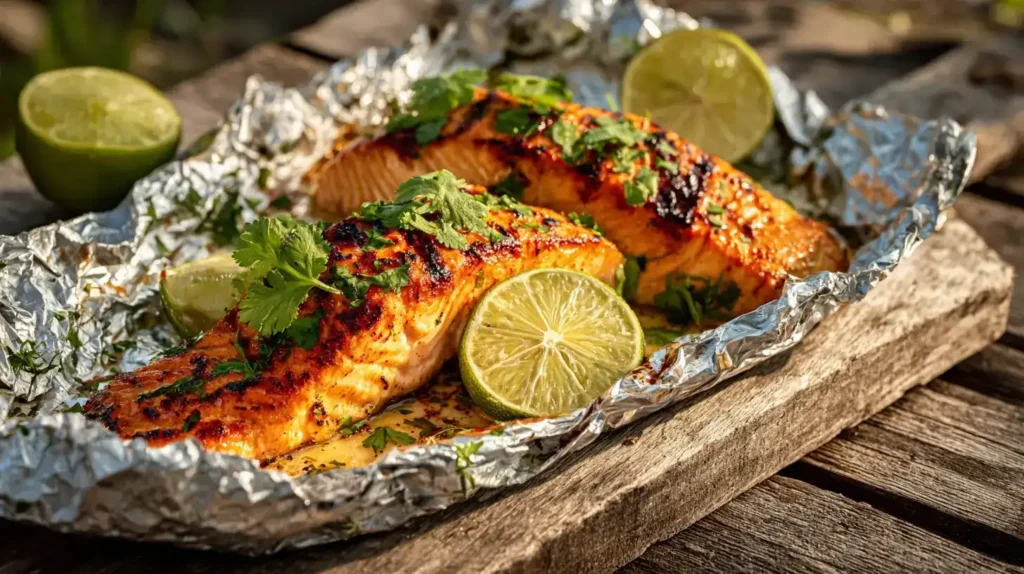 Saftiger Honig-Limetten-Lachs auf Teller angerichtet, begleitet von Sommergemüse und Zitronenscheiben