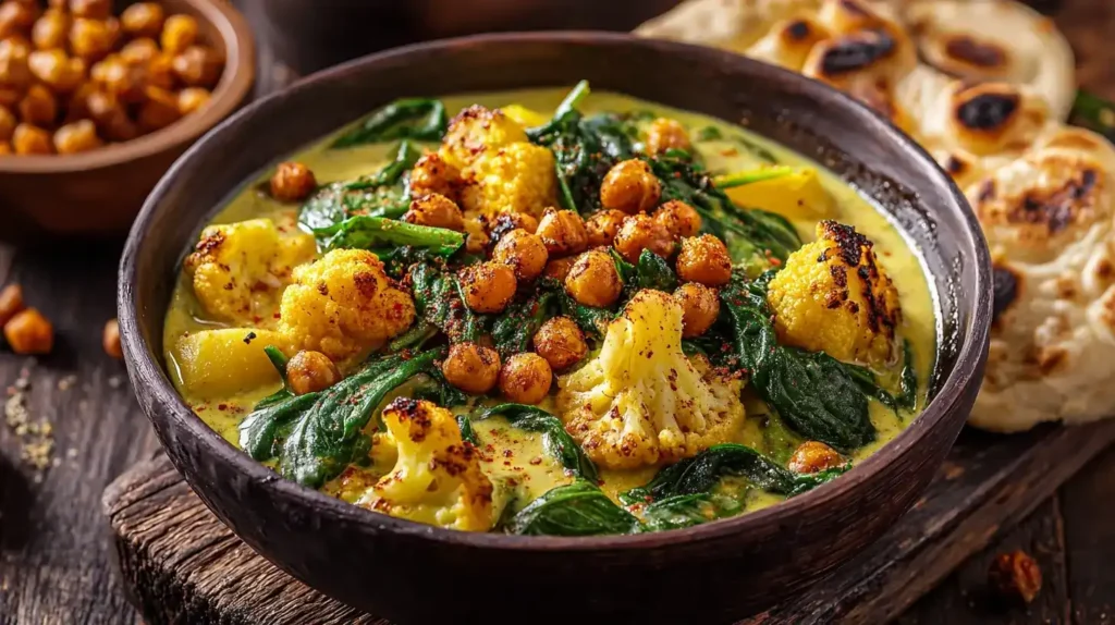 Frisches Kohlrabi-Curry mit Kokosmilch, Spinat und knusprigen Kichererbsen auf weißem Teller