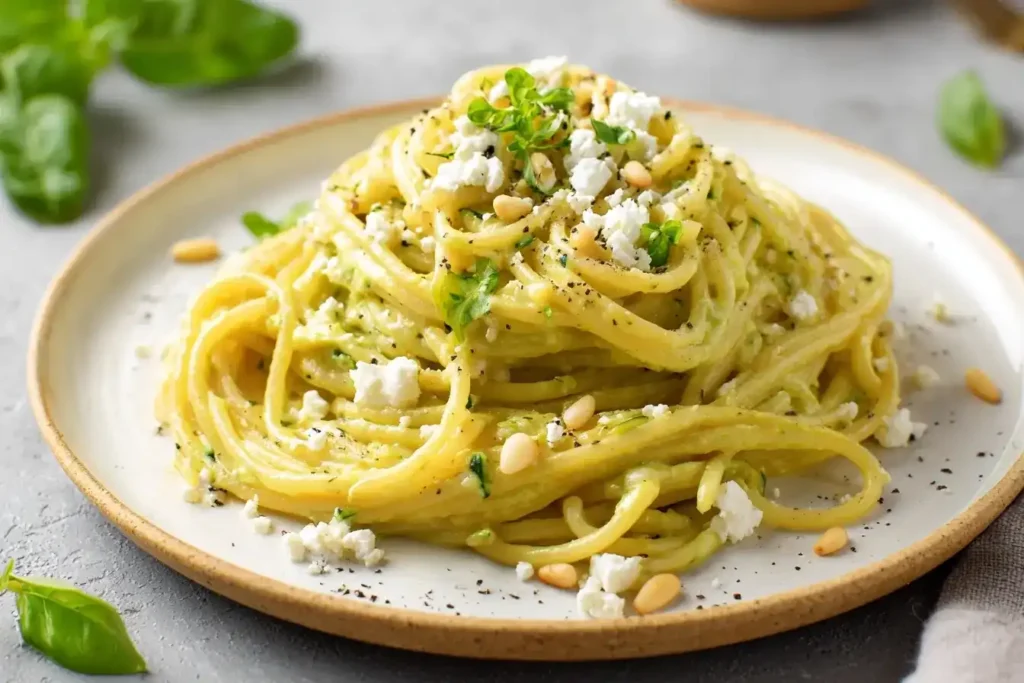 Cremige Nudeln in Zucchini-Feta-Soße auf einem Teller mit Zitronenabrieb und Pinienkernen, von oben fotografiert