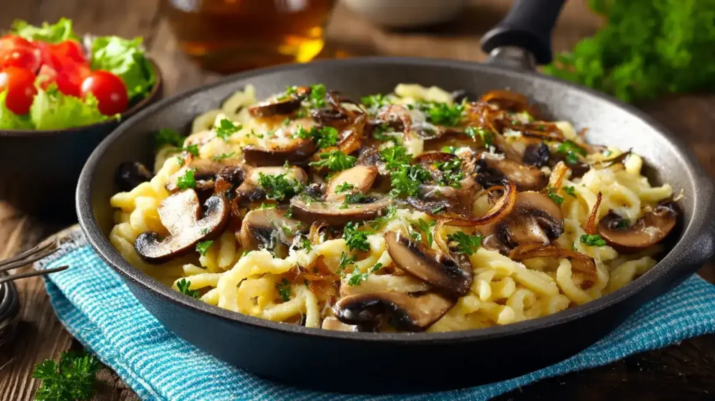 Spätzle-Pfifferling-Pfanne cremig in Pfanne serviert