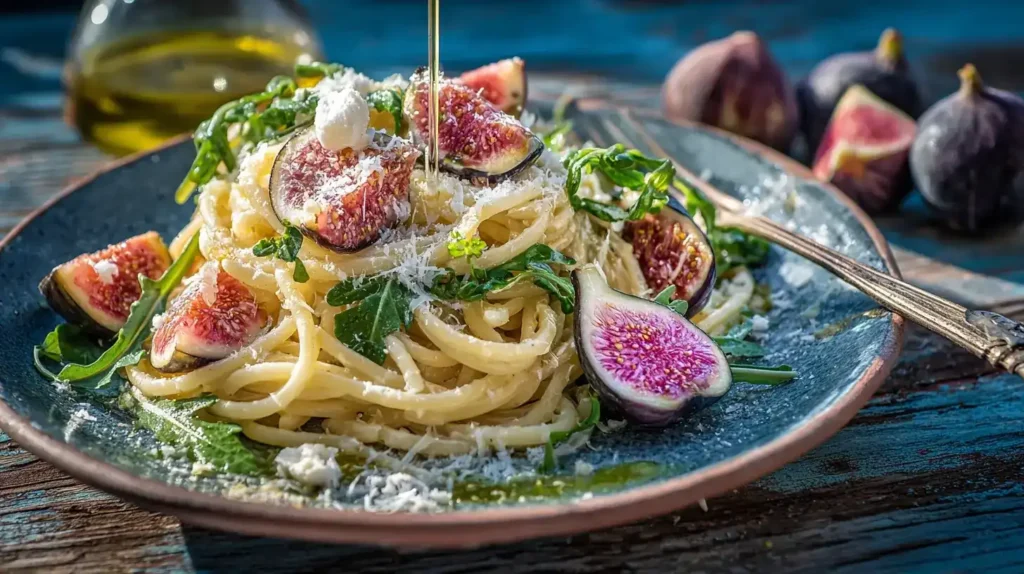 Pasta mit Rucola, Feigen und Myzithra Mediterrane Pasta mit Rucola, frischen Feigen und Myzithra auf einem Teller serviert