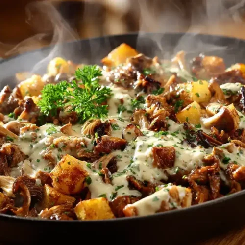 Pfifferling-Hack-Pfanne mit Kartoffeln, Hackfleisch und Käse in einer Pfanne serviert