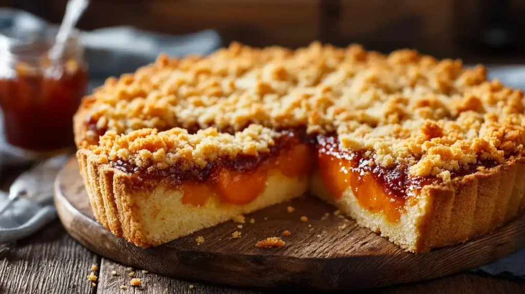 Prasselkuchen – Der Streuselkuchen mit Blätterteig, der glücklich macht Frisch gebackener Prasselkuchen mit goldenen Streuseln und Aprikosenmarmelade auf Holzbrett