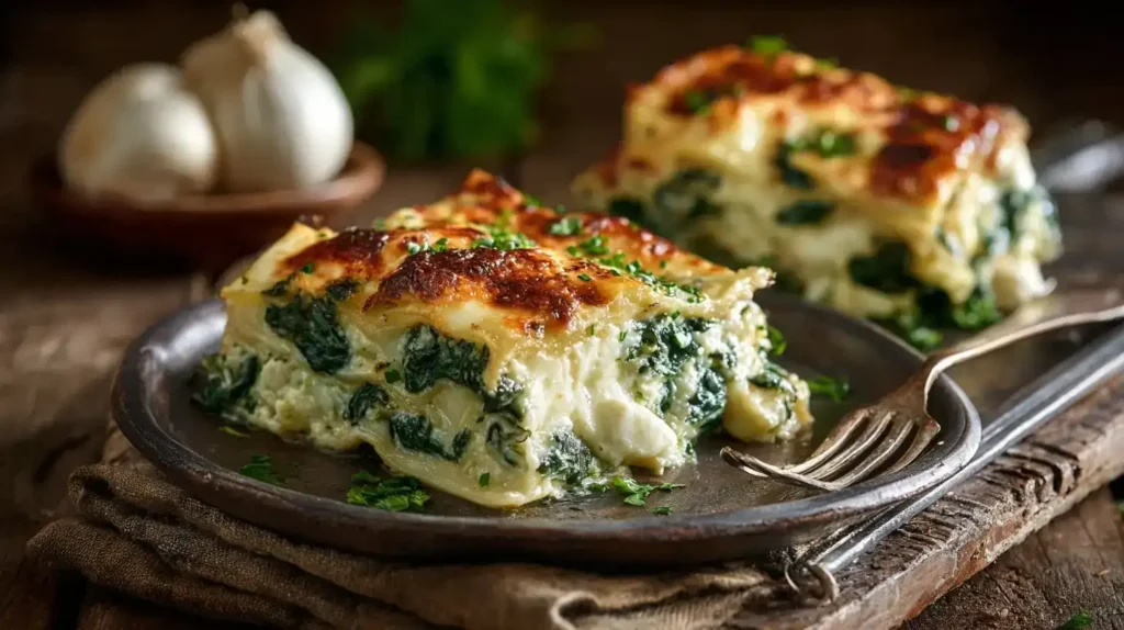 Servierfertige Portion Spinat-Frischkäse-Lasagne auf Teller, lecker und kinderfreundlich