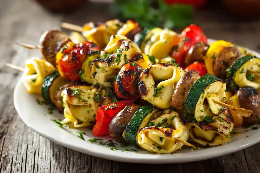 Gegrillte Tortelloni-Spieße Rezept – Schnell, Einfach und Lecker Gegrillte Tortelloni-Spieße mit buntem Grillgemüse und Zitronen-Kräuter-Marinade auf Holzspießen